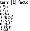 \begin{syntdiag}\setlength{\sdmidskip}{.5em}\sffamily\sloppy \synt{factor}
\( \l...
...onstructor}\\
\synt{value\ typecast}\\
\synt{address\ factor}
\)\end{syntdiag}